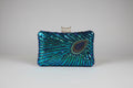 Blue sequin clutch bag with bugle beads shaped into peacock feathers