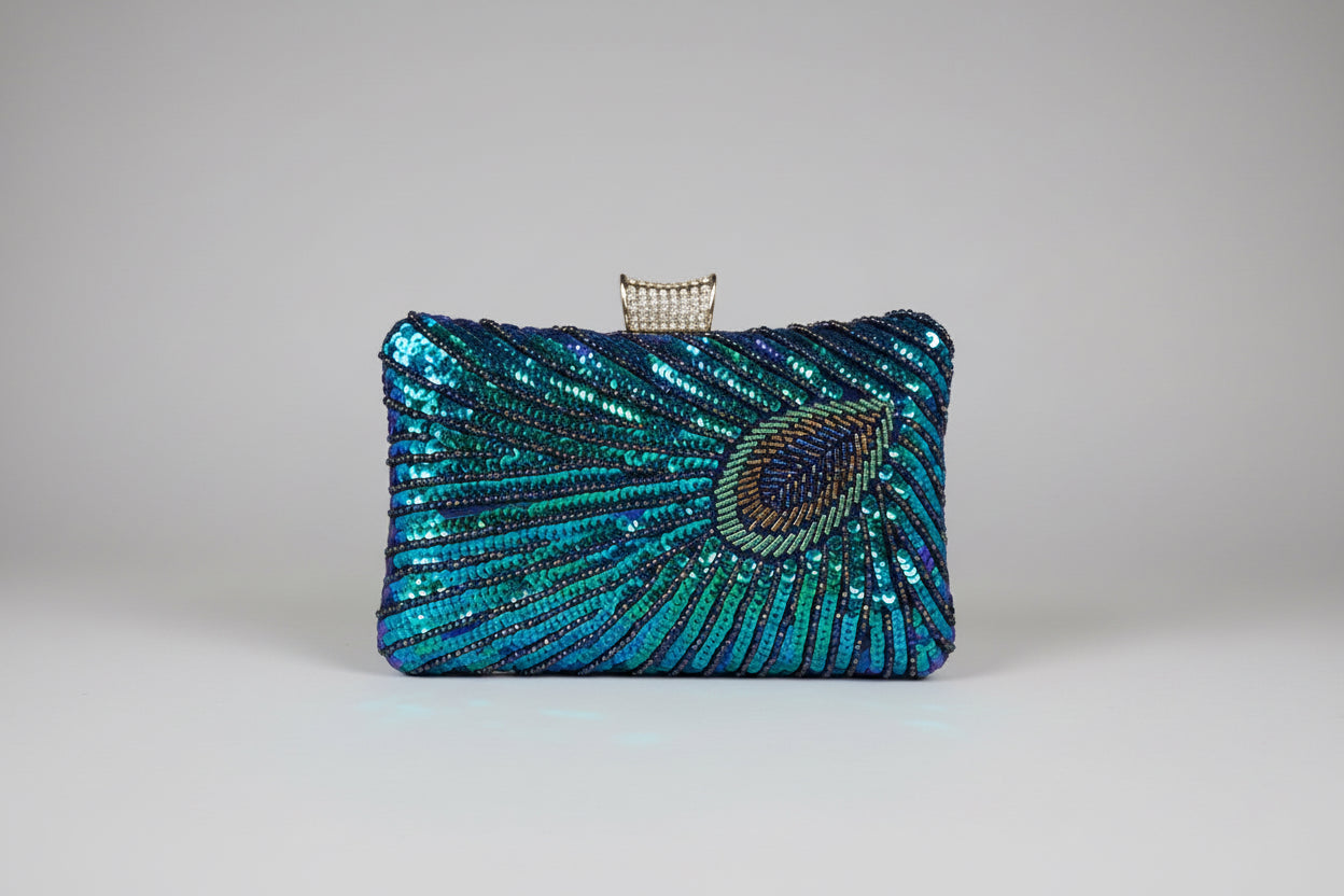 Blue sequin clutch bag with bugle beads shaped into peacock feathers