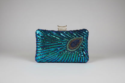Blue sequin clutch bag with bugle beads shaped into peacock feathers