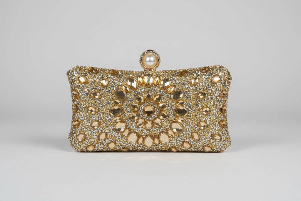 Gold clutch bag with intricate design and pearl clasp 
