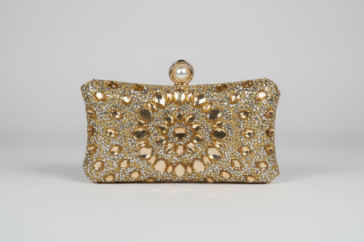 Gold clutch bag with intricate design and pearl clasp 