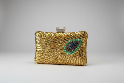Yellow sequin clutch bag with bugle beads shaped into peacock feathers